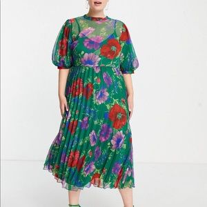 ASOS Design Curve high neck pleated chevron textured green floral midi dress